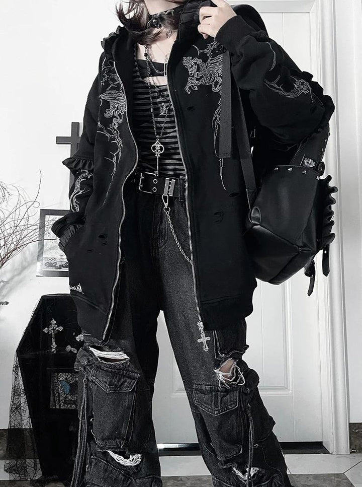 Punk Hooded Jacket, Ripped Details & Horse Embroidery 45939:871334