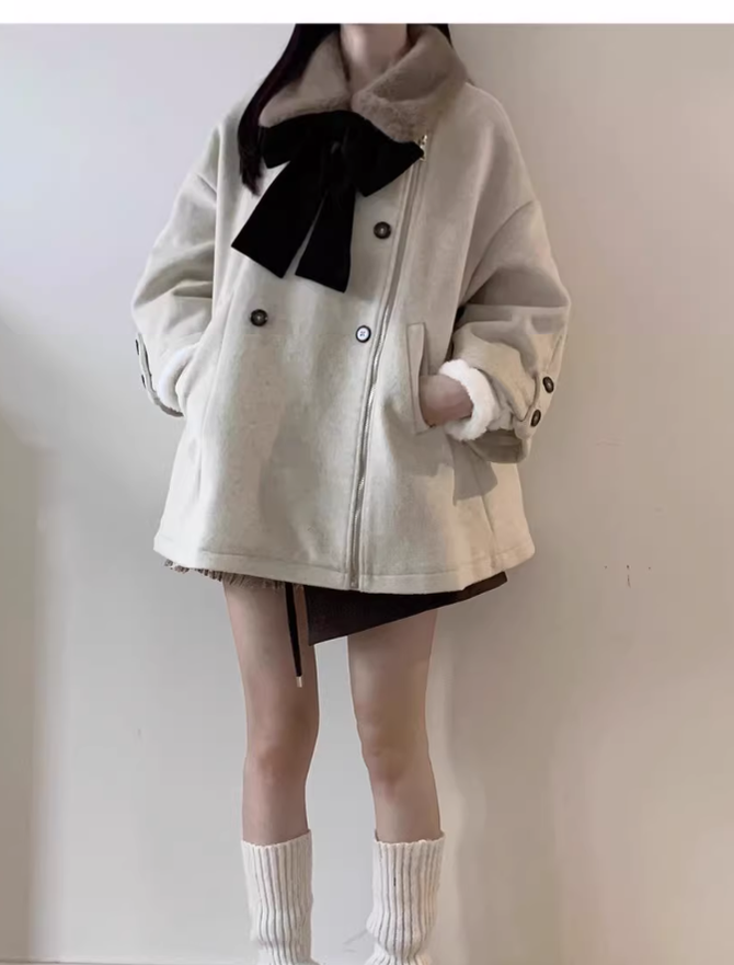 Mori Kei Outfit Set Plush Coat Sweater Skirt Set 41114:694990