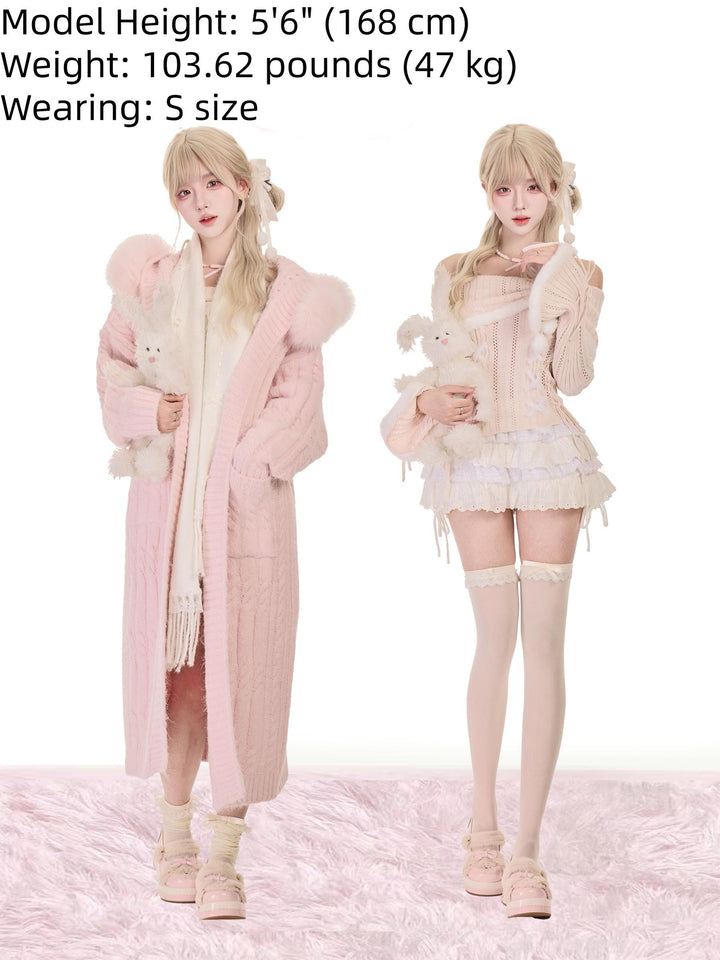 Pink Long Hooded Coat, Off Shoulder Sweater Outfit 44081:795029