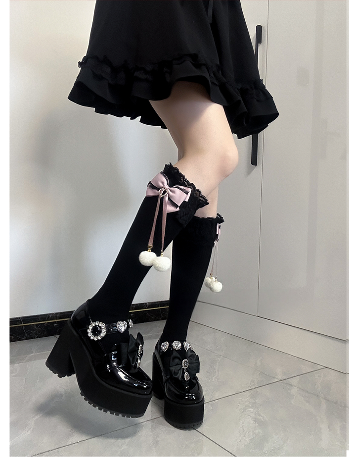 Jirai Kei Knee Socks Lace Bow Pom-Pom Mid-Calf Socks 40886:678970