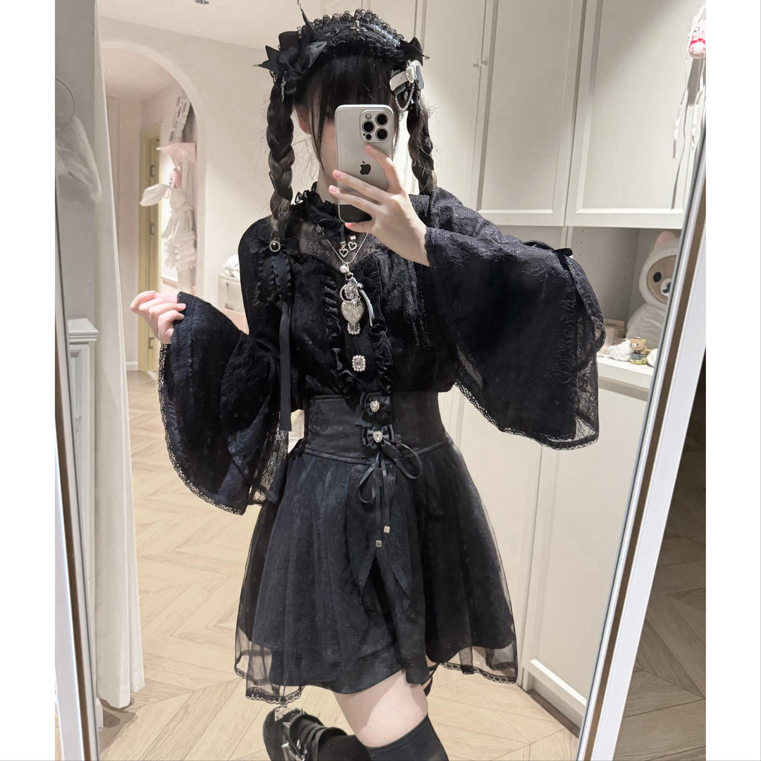 Jirai Kei Lace Blouse and Jacquard Skirt, Hime Sleeves 43943:792470