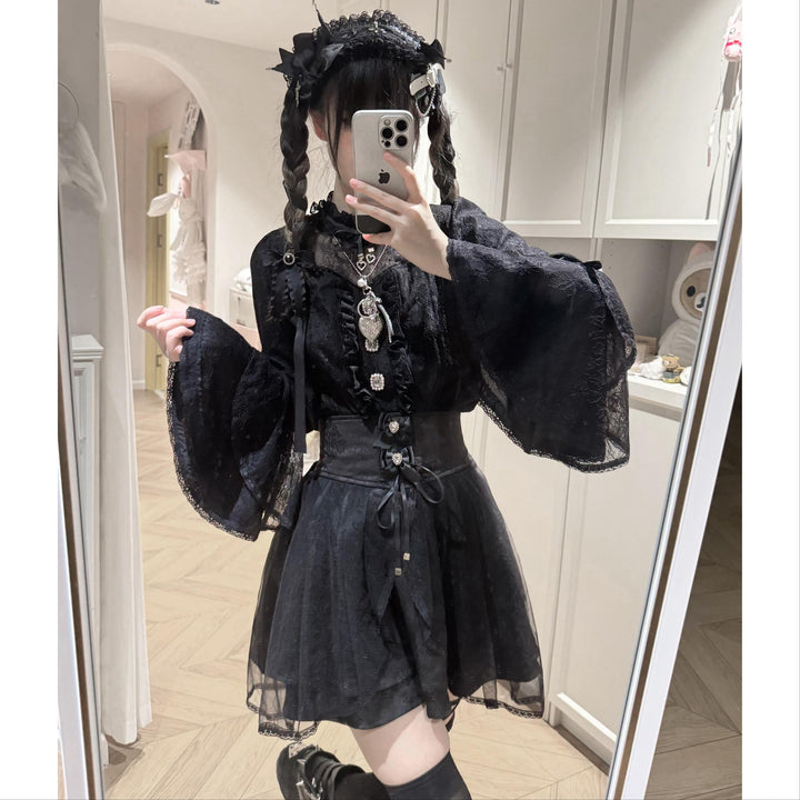 Jirai Kei Lace Blouse and Jacquard Skirt, Hime Sleeves 43943:792470