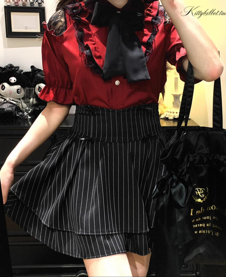Striped Jirai Kei Skirt With Elastic Waist & Built-in Shorts 43074:766281