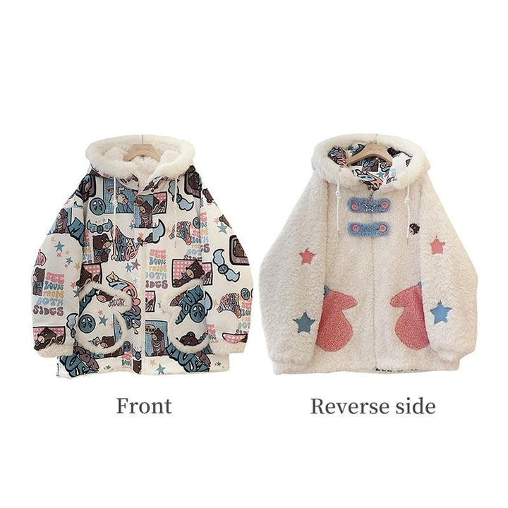 Kawaii Winter Coat Thickened Print Reversible Hooded Coat (M S) 39796:640948