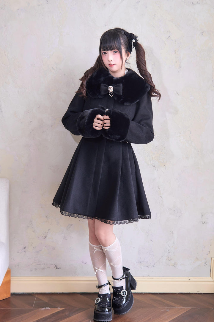 Jirai Kei Winter Coat Fur Collar Lace Coat With Bows (L M) 41410:698144