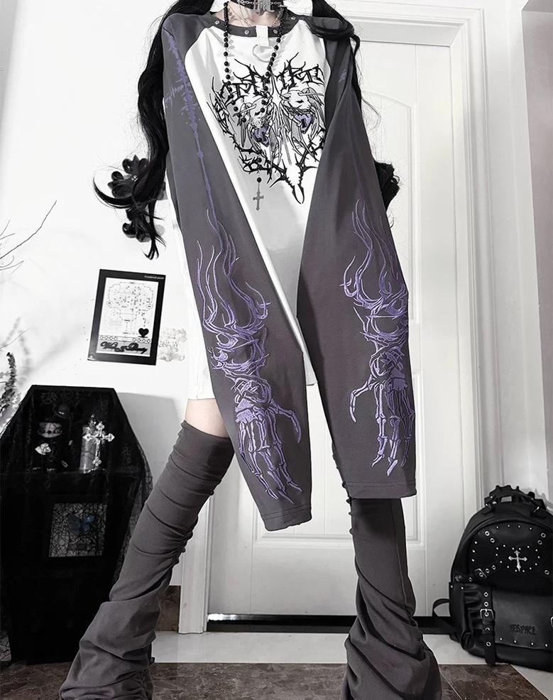 Gothic Long Sleeve Cotton T-Shirt, Demon Ram Embroidery 46062:875062