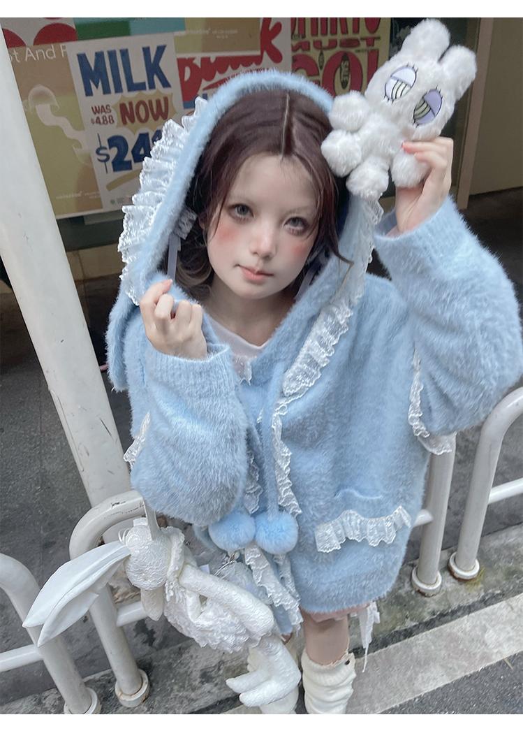 Kawaii Coat Sweater Bunny Ear Lace Knitted Hooded Cardigan 40338:665330