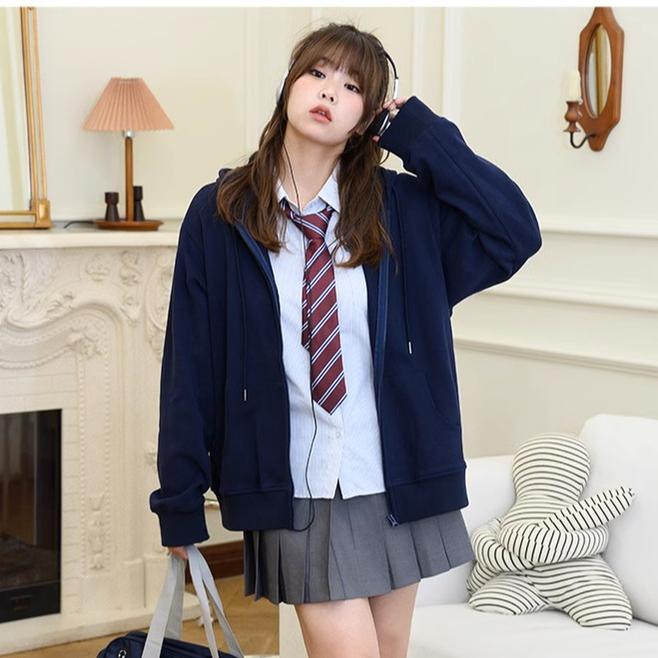 Plus Size Kawaii Hoodie Stripped Shirt Gray Pleated Skirt 29774:360126