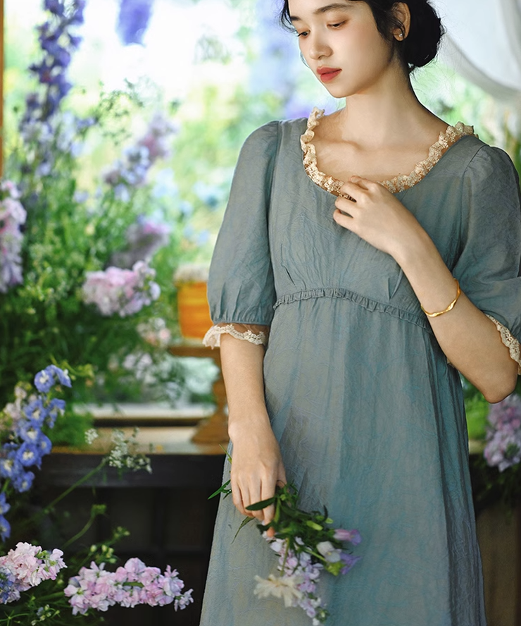 Mori Kei Fairy Dress High-Waisted Dress Mid-Sleeve Dress 36342:547142
