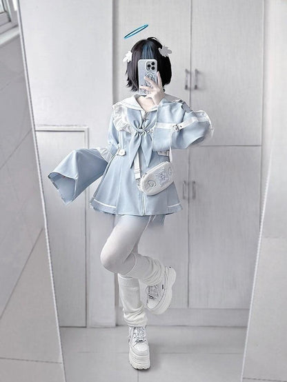 Jirai Kei Set Up Blue Lace Dress And Shorts Set 37046:546722