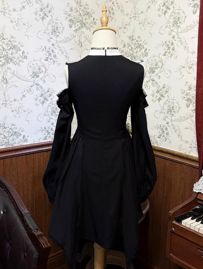 Gothic Open Shoulder Dress, Detachable Collar Bow 43655:782388