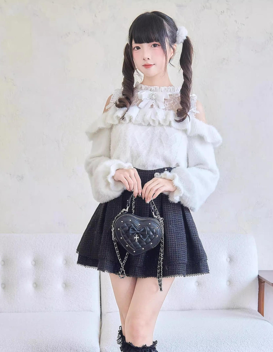 Jirai Kei Sweater Lace Frill Collar Knit Sweater With Bow 41680:711746