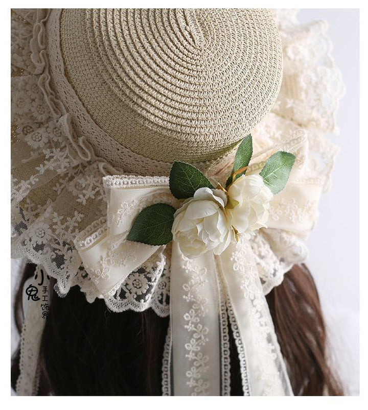 Mori Kei Sunhat Beige Country Lolita Hat With Lace Bow And Soft Straw 42247:734873