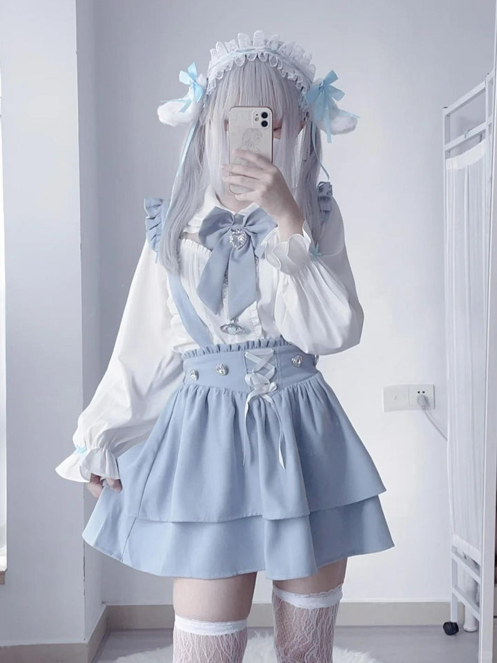 Jirai Kei White Blouse Lace-up Suspender Skirt 21838:760775