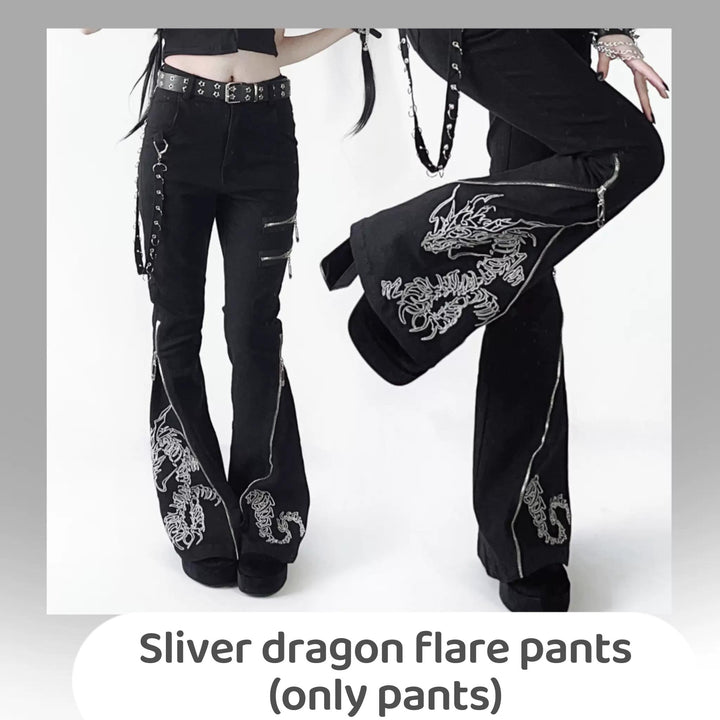 Y2K Pants Bell-bottom Trousers Embroidered Dragon Jeans (L M S XL) 38080:592702