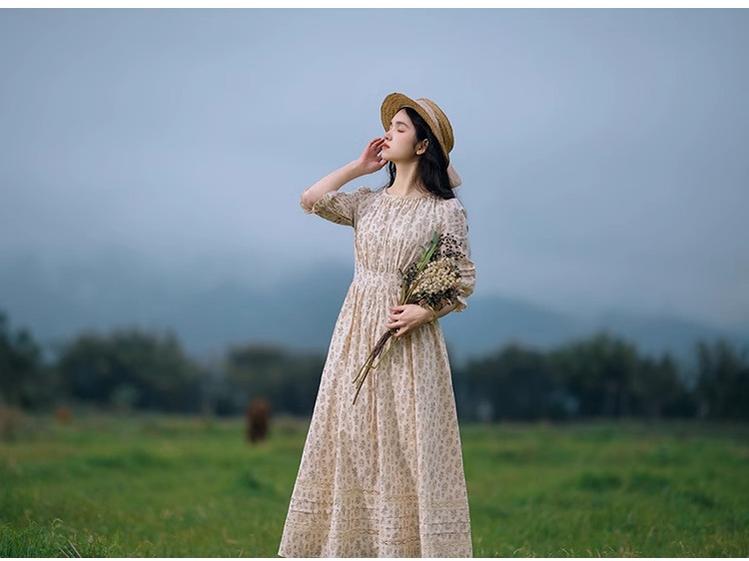 Mori Kei Dress Cottagecore Floral Dress French Artistic Cotton Dress 36340:546924