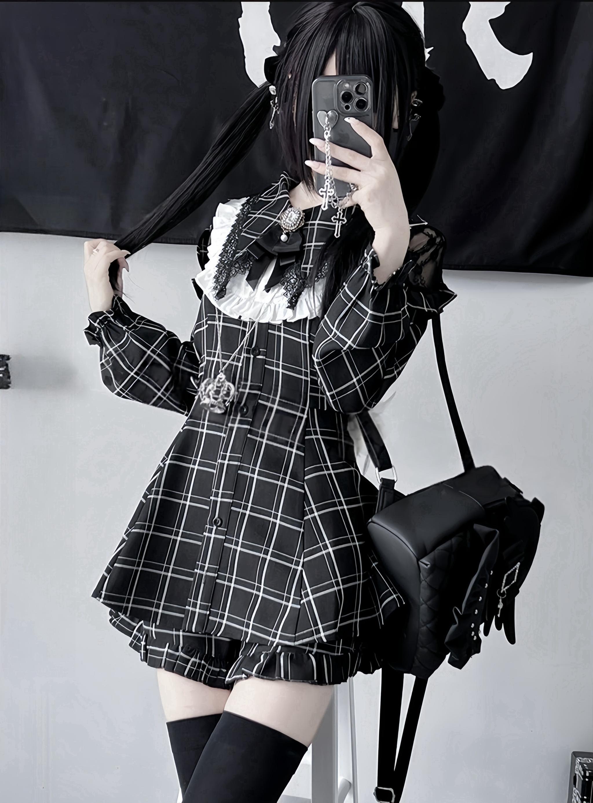 Jirai Kei Dress Set With Puritan Collar And Lace Trim Multicolor