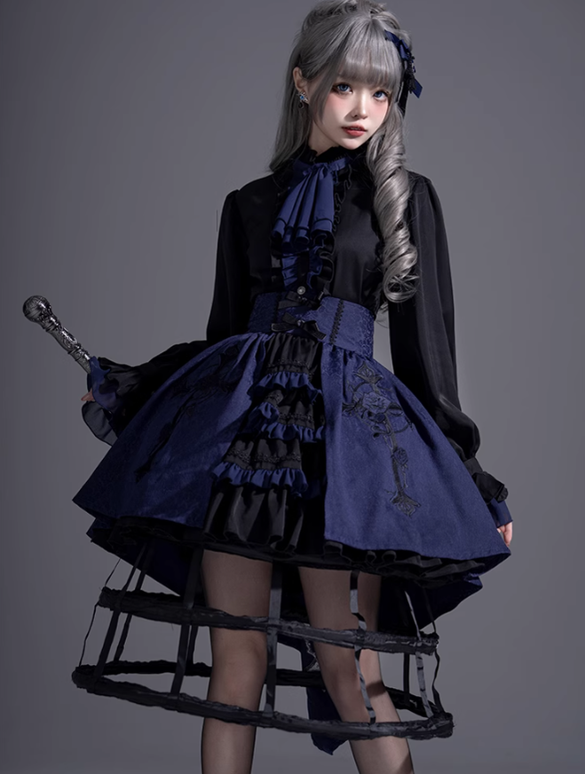 Ouji Lolita Prince Outfit Navy Blue Lolita Blouse Skirt Set (L M S XL) 39360:633330