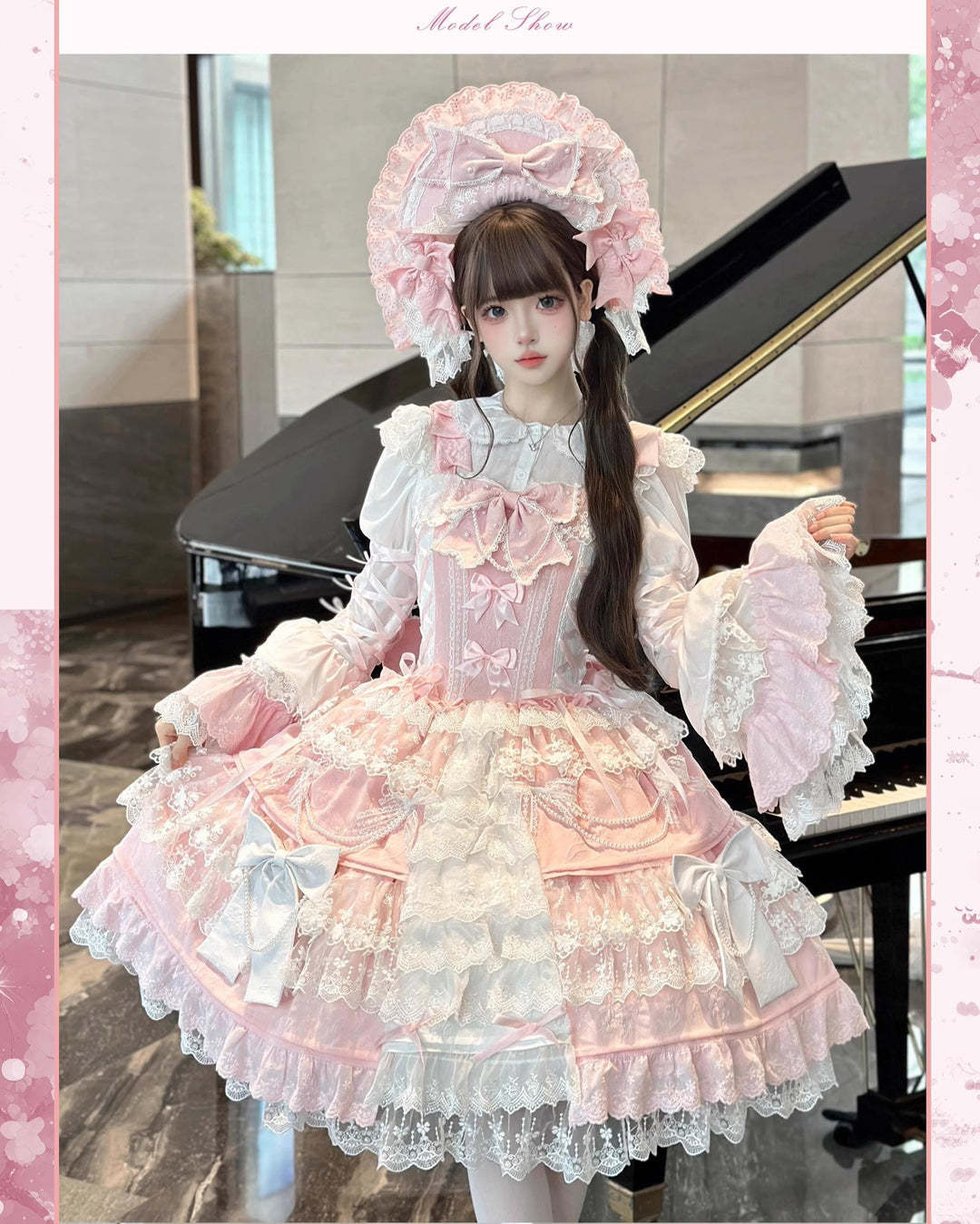 lolita dress Vintage Lolita Dress Pink Doll-like Dress Princess Sleeve Blouse BNT Blouse+Bonnet+2 Hair Clips / M