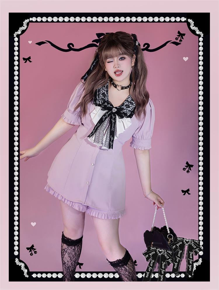 Plus Size Jirai Kei Blouse Short Sets Pink Black Full Set 21886:317354