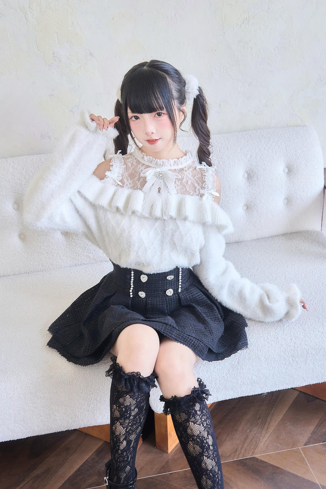 Jirai Kei Sweater Lace Frill Collar Knit Sweater With Bow 41680:711726