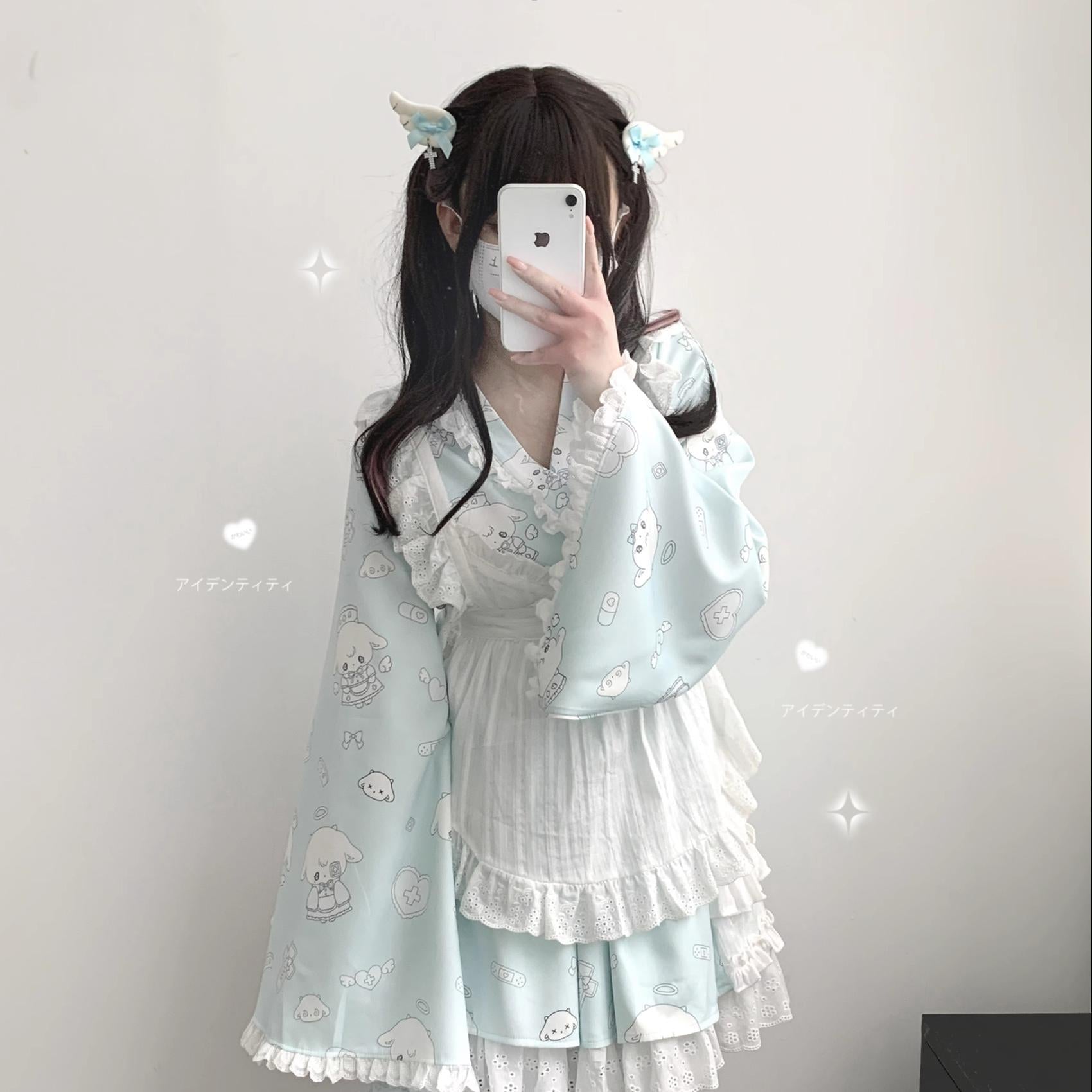Tenshi Kaiwai Patchwork Skirt Kimono Top White Apron Three-Piece Set 36786:536846