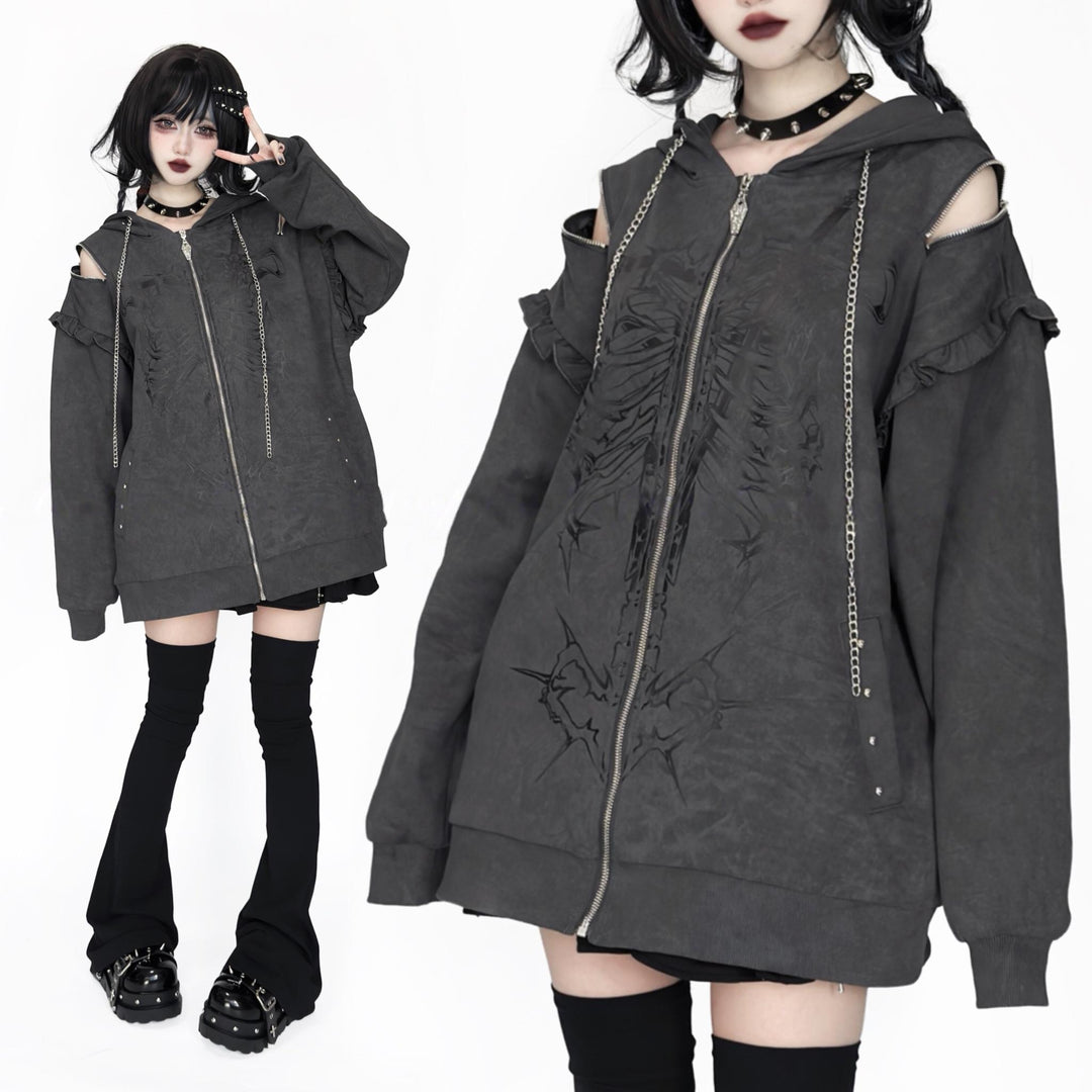 Subculture Ribcage Printed Short Coat, Zipper Shoulder 44482:811066