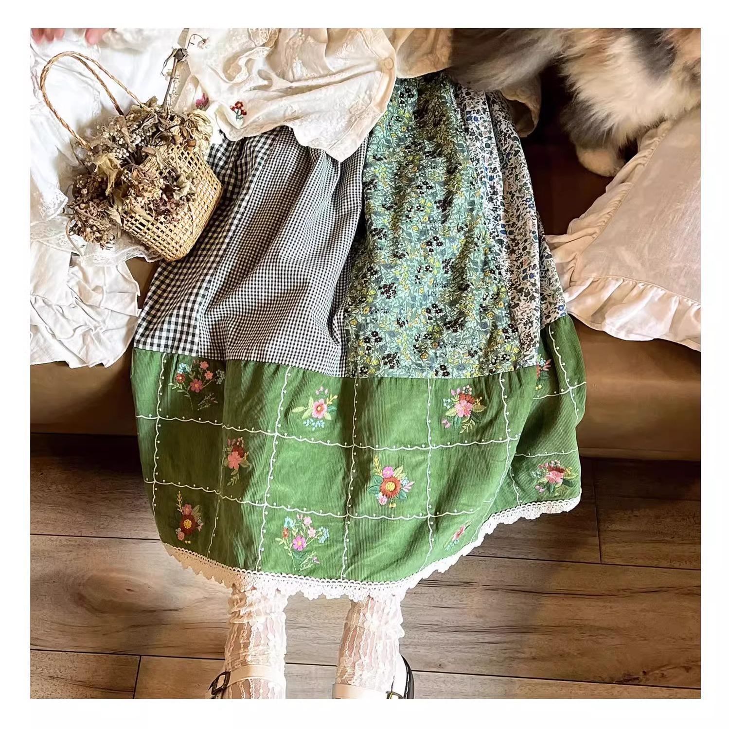Mori Kei Skirt Green Floral Patchwork Skirt Vintage Skirt 36224:524910