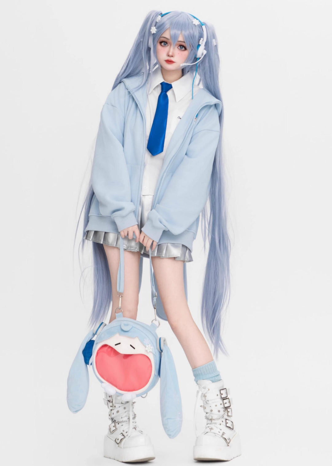 Kawaii Jacket Detachable Bunny Ears Hoodie Pleated Skirt (2XL L M S XL) 42014:723886