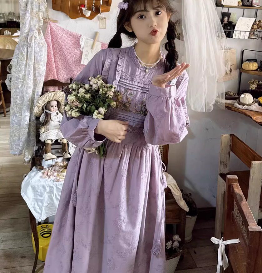 Mori Kei Dress Cottagecore Dress Purple Embroidered Dress 36248:534808