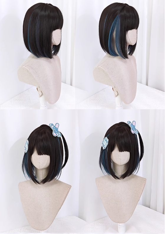 Jirai Kei Wig E-Butterfly Girl Blue Dark Brown Short Hair Wig 22044:367146 22044:367146