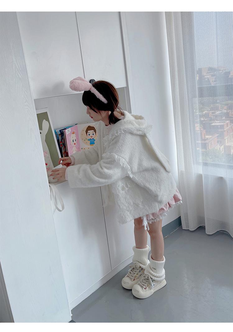 Kawaii Coat Sweater Bunny Ear Lace Knitted Hooded Cardigan 40338:665476