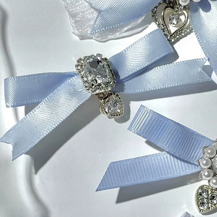 Jirai Kei Bow Hair Clips Set, Rhinestone & Pearl Accent 45776:866489