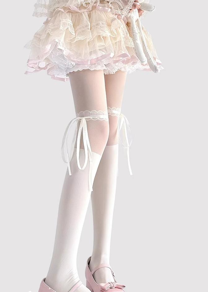 Lolita Socks Thin Lace Splice Thigh-high Socks White Black Silk 36622:526508 36622:526508