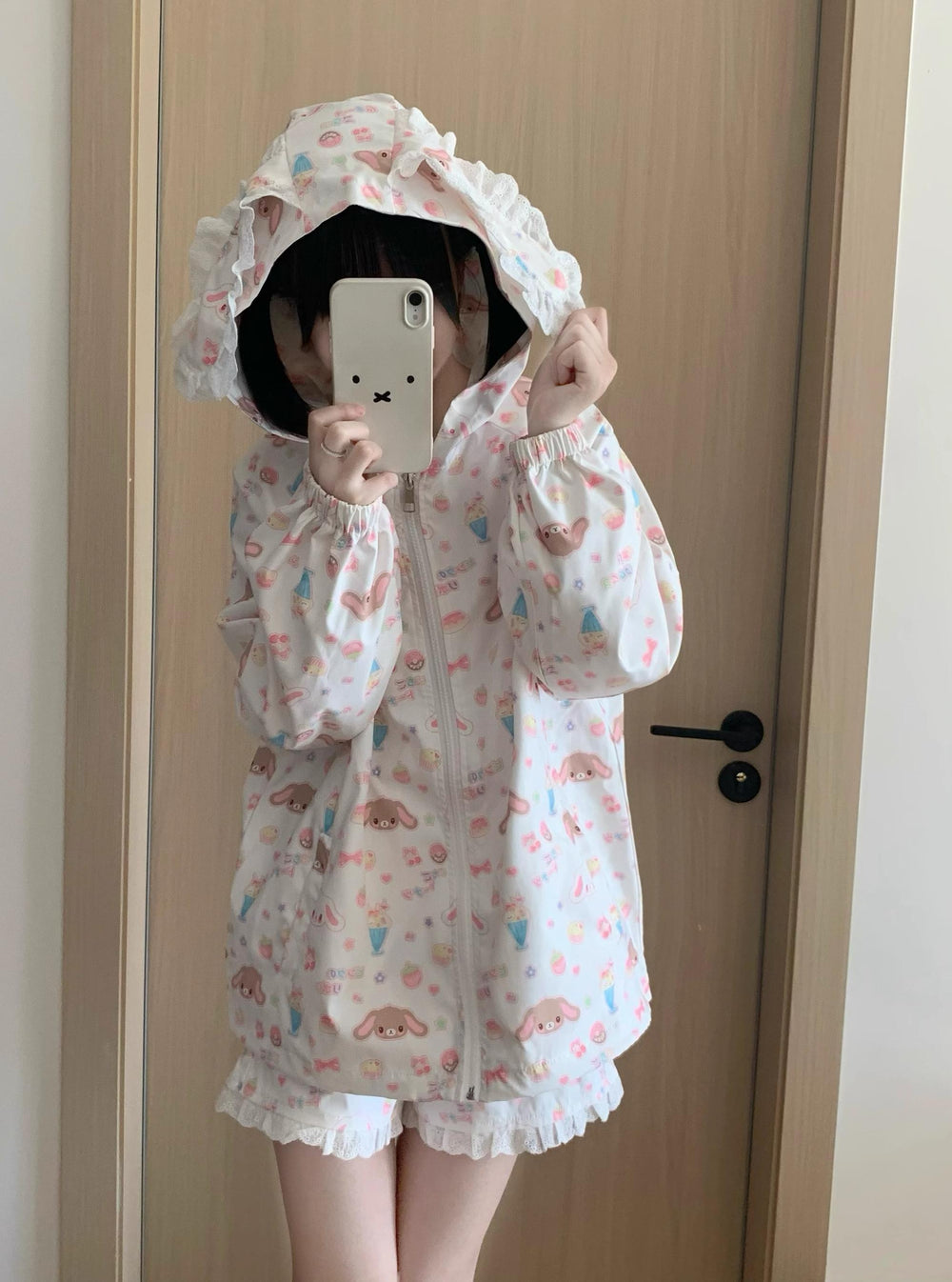 Kawaii Bunny Ears Jacket Set With Strawberry Bunny Prints 42900:760370