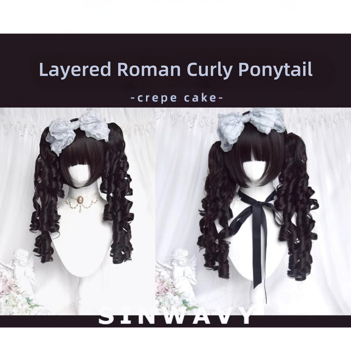 Black Jirai Kei Wig Set Lolita Roman Curly Double Ponytail 42183:732992