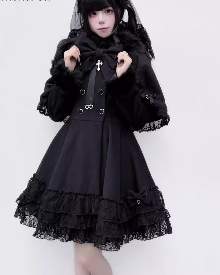 Winter Jirai Kei Coat With Detachable Cape Lace Trim Coat 41574:706772