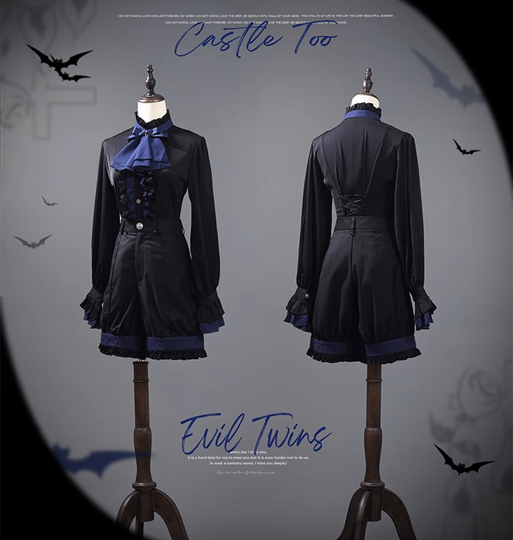 Ouji Lolita Prince Outfit Navy Blue Lolita Blouse Skirt Set 39360:633344