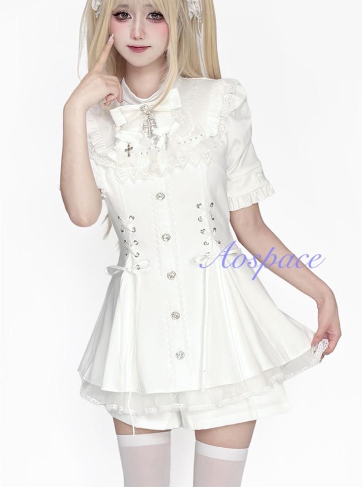 Short-sleeved Ryousangata Dress, Detachable Bowtie 43823:786781
