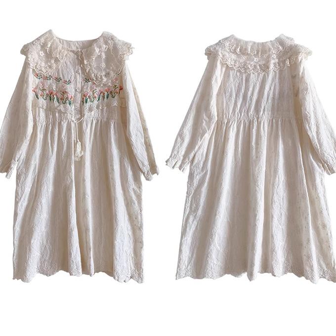 Mori Kei Peter Pan Collar Beige Lace Embroidery Long Sleeve Dress 22568:329390