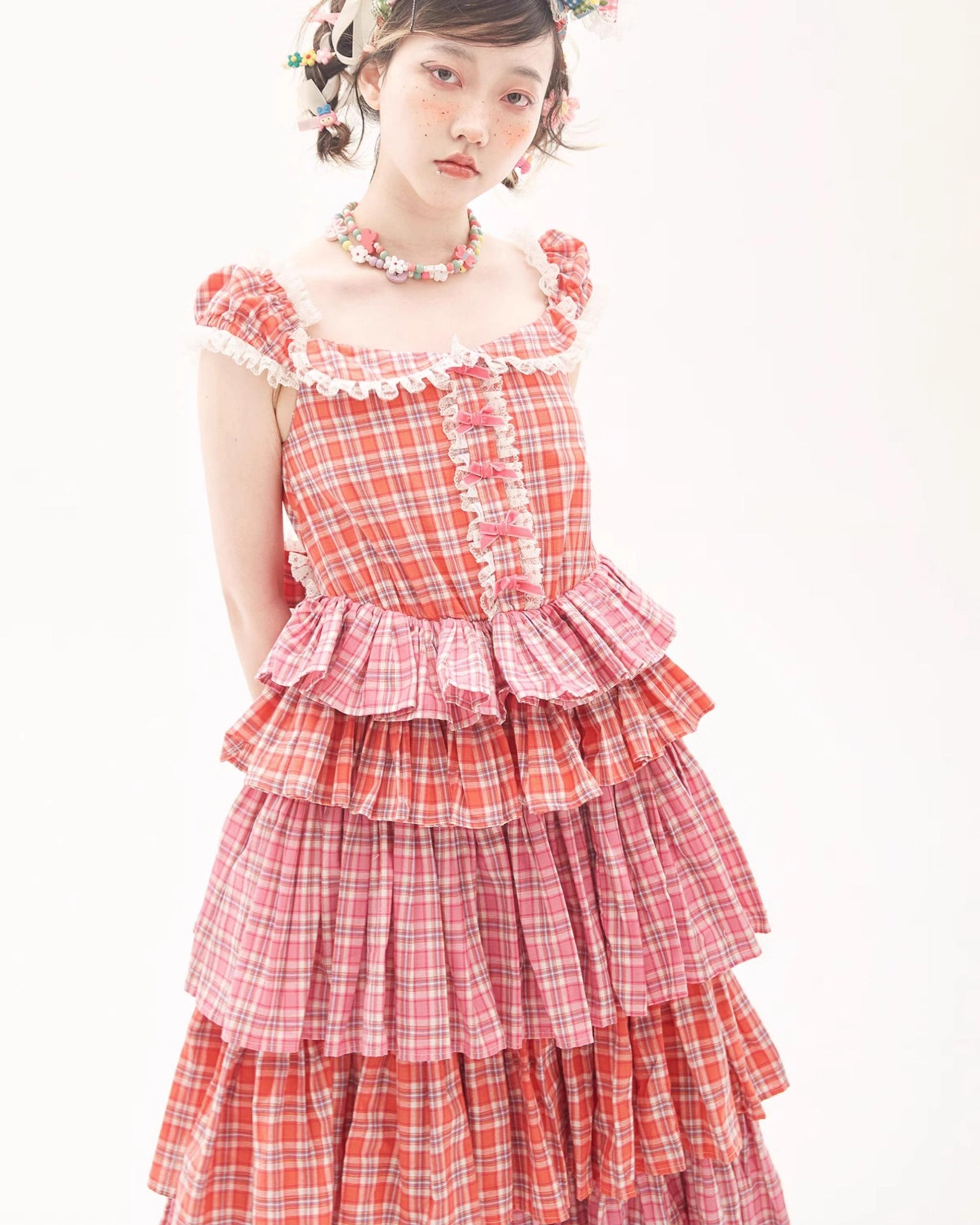 Sweet Lolita Dress Pink Plaid Dress Kawaii Layered Dress 36166:543404