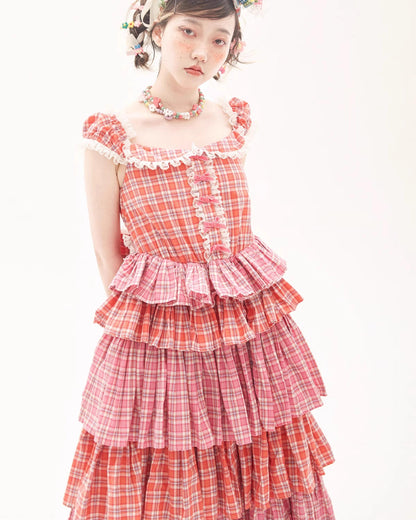 Sweet Lolita Dress Pink Plaid Dress Kawaii Layered Dress 36166:543404