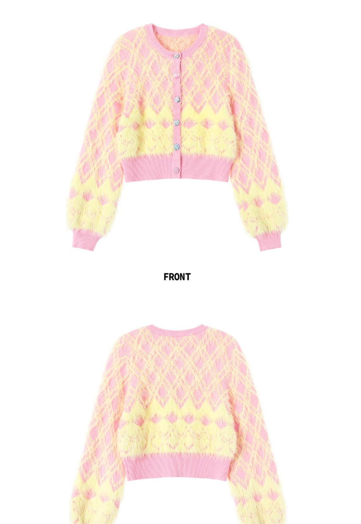 Fairy Kei Pink And Yellow Sweater Plush Check Sweater Set 31686:391830 31686:391830