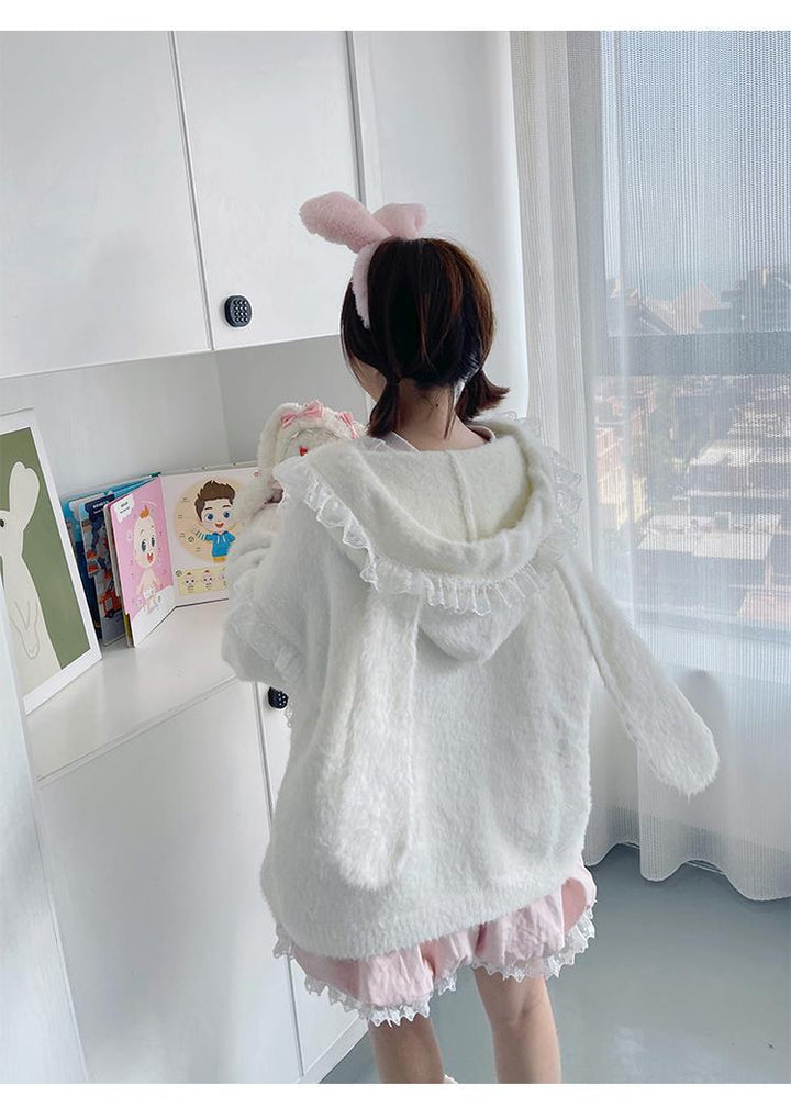 Kawaii Coat Sweater Bunny Ear Lace Knitted Hooded Cardigan 40338:665312