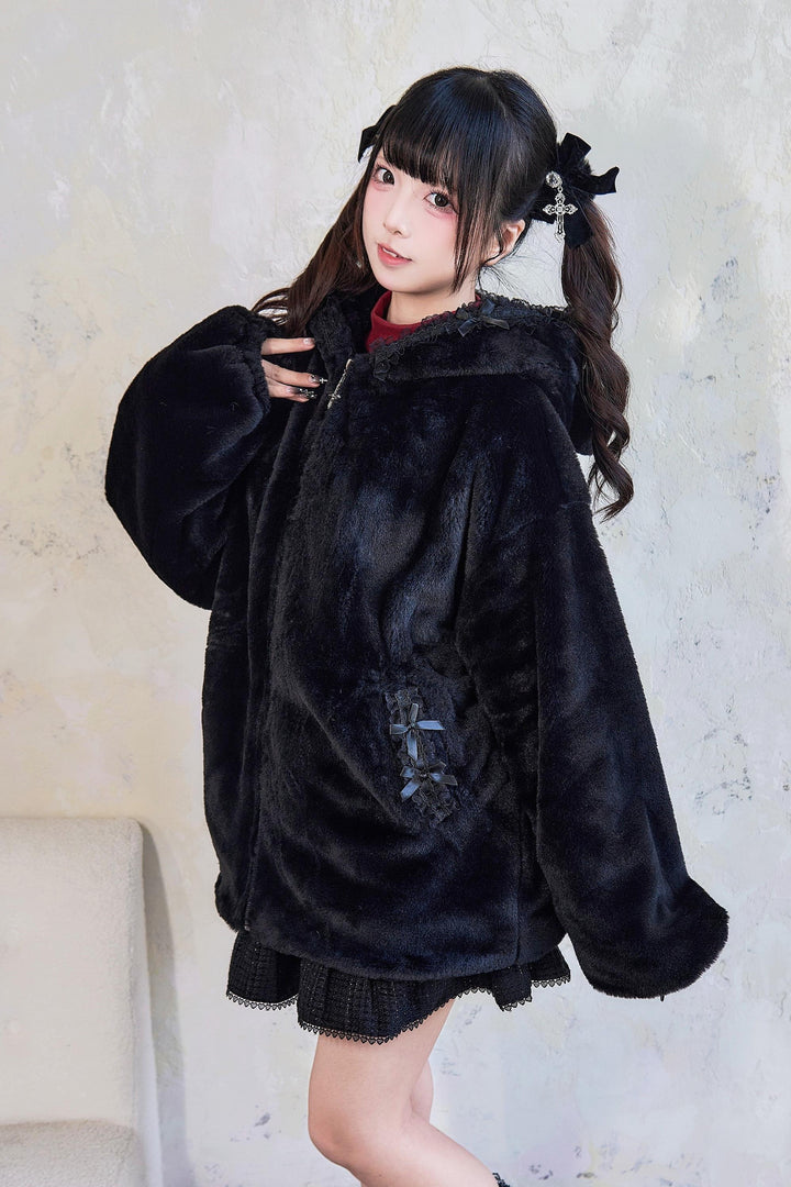 Jirai Kei Winter Coat Fleece Cat Ear Hooded Lace Bows Coat 41408:698054