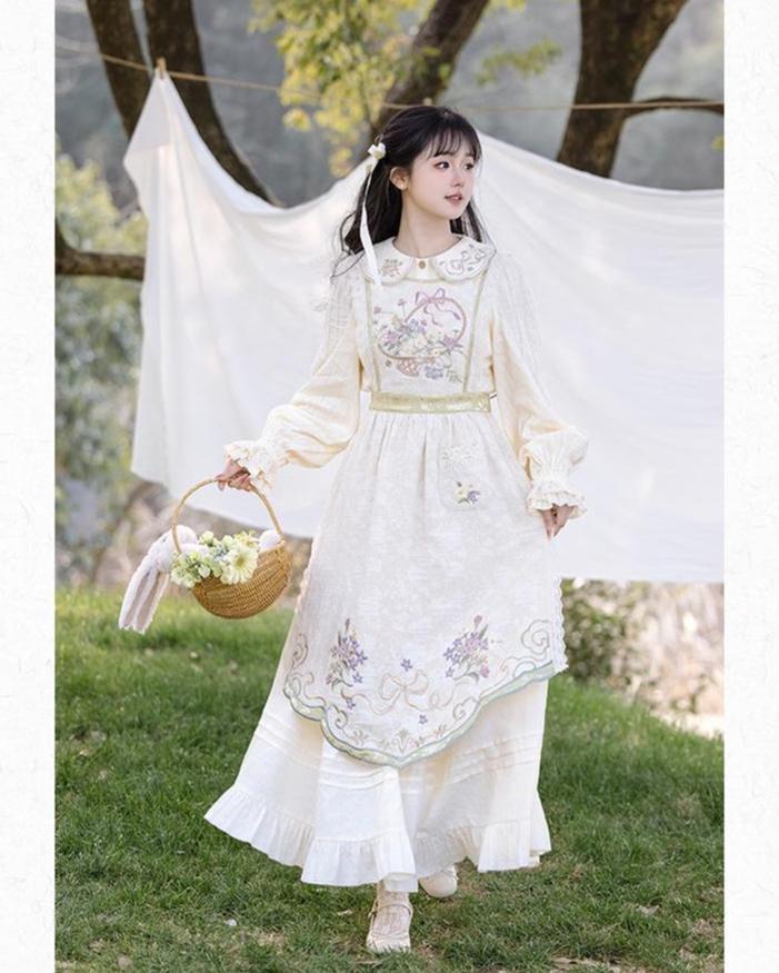 Cottagecore Dress Mori Kei Dress Set Embroidered Cotton Set 36238:527682