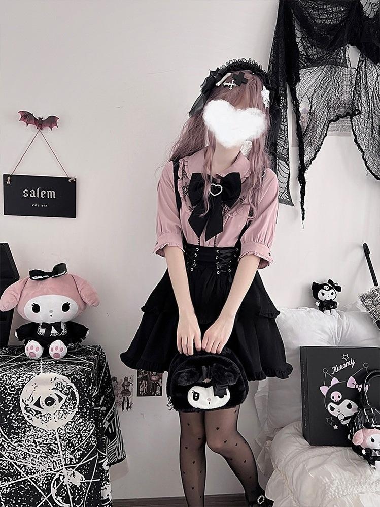 Jirai Kei Pink Blue Blouse Black Suspender Skirt Lace Up Skirt Set 21830:763225