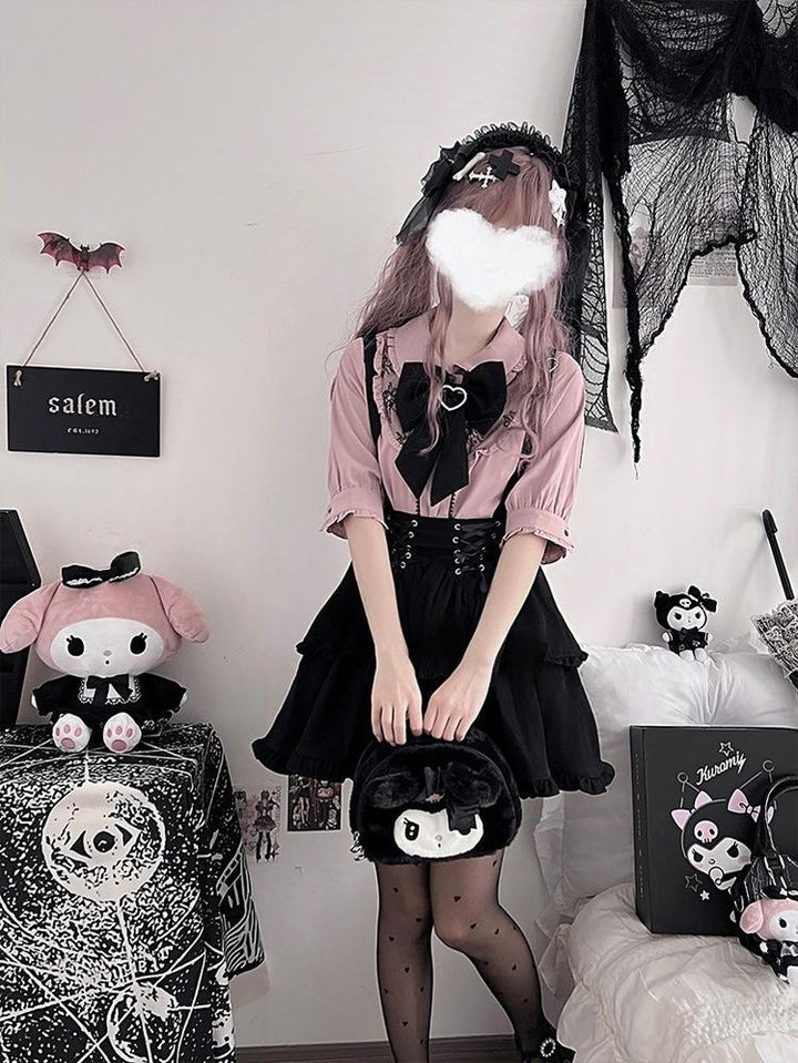 Jirai Kei Pink Blue Blouse Black Suspender Skirt Lace Up Skirt Set 21830:763225
