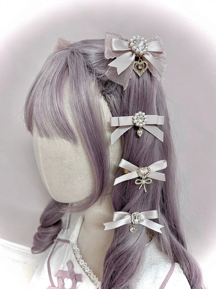 Jirai Kei Bow Hair Clips Set, Rhinestone & Pearl Accent 45776:866494