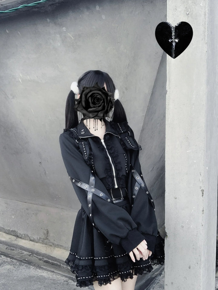 Punk Jacket and Skirt, Cross Zipper and Studs 45649:858356